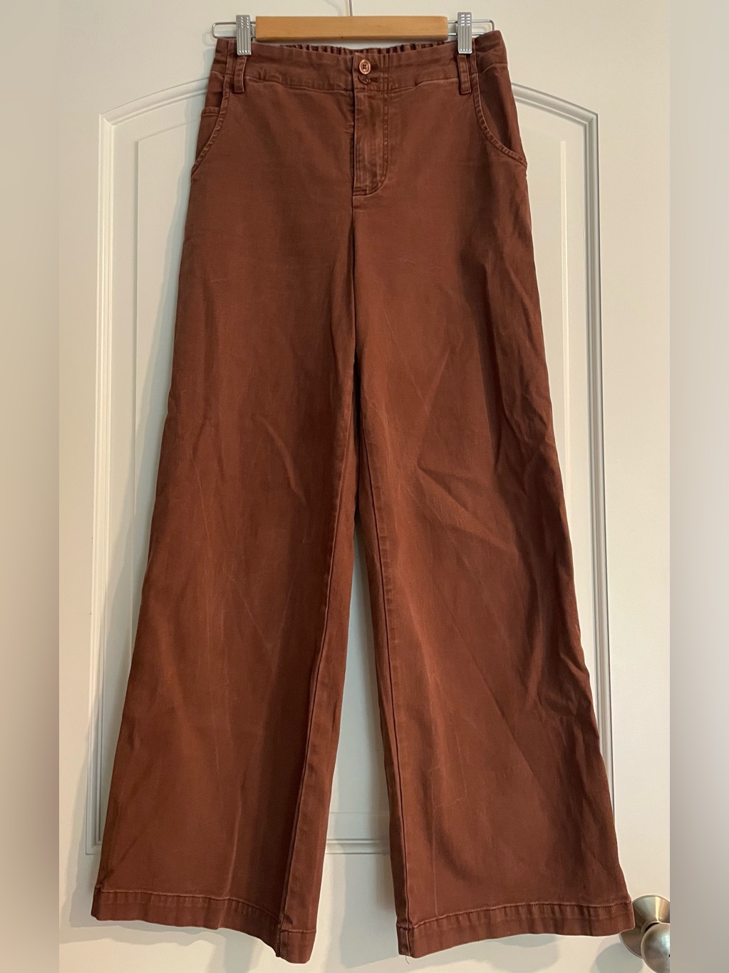 Yfb Women's Rust Brown Wide-Leg Twill Pants Button Pockets Elastic Waist S